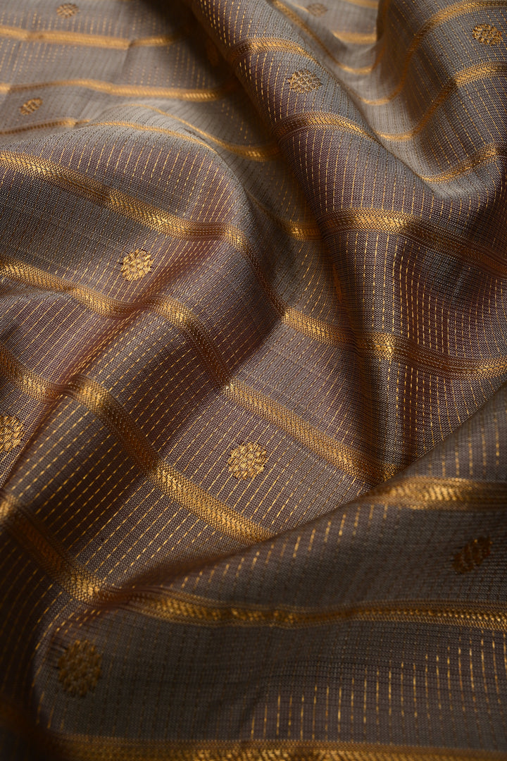 Gray Zari Stripes on Gadwal Silk Saree with Zari Buttas and Contrast Zari Border | SILK MARK CERTIFIED | SHOBITAM