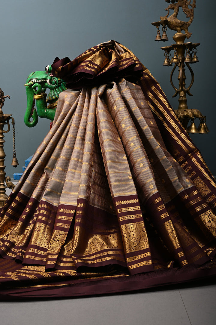 Gray Zari Stripes on Gadwal Silk Saree with Zari Buttas and Contrast Zari Border | SILK MARK CERTIFIED | SHOBITAM