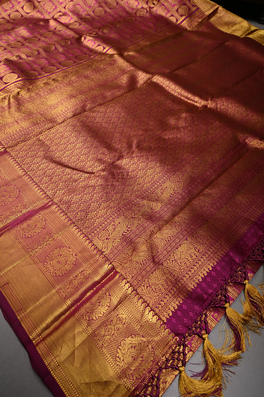 Magenta-Vadamalli Kanjivaram Silk saree with Patola Zari Brocade and Zari Border | SILK MARK CERTIFIED | SHOBITAM