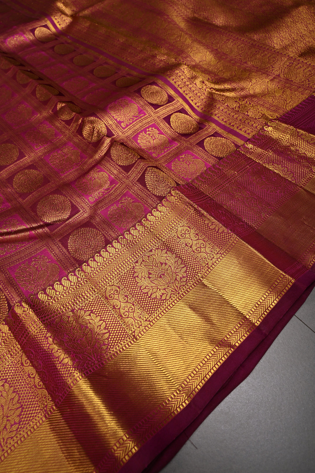 Magenta-Vadamalli Kanjivaram Silk saree with Patola Zari Brocade and Zari Border | SILK MARK CERTIFIED | SHOBITAM