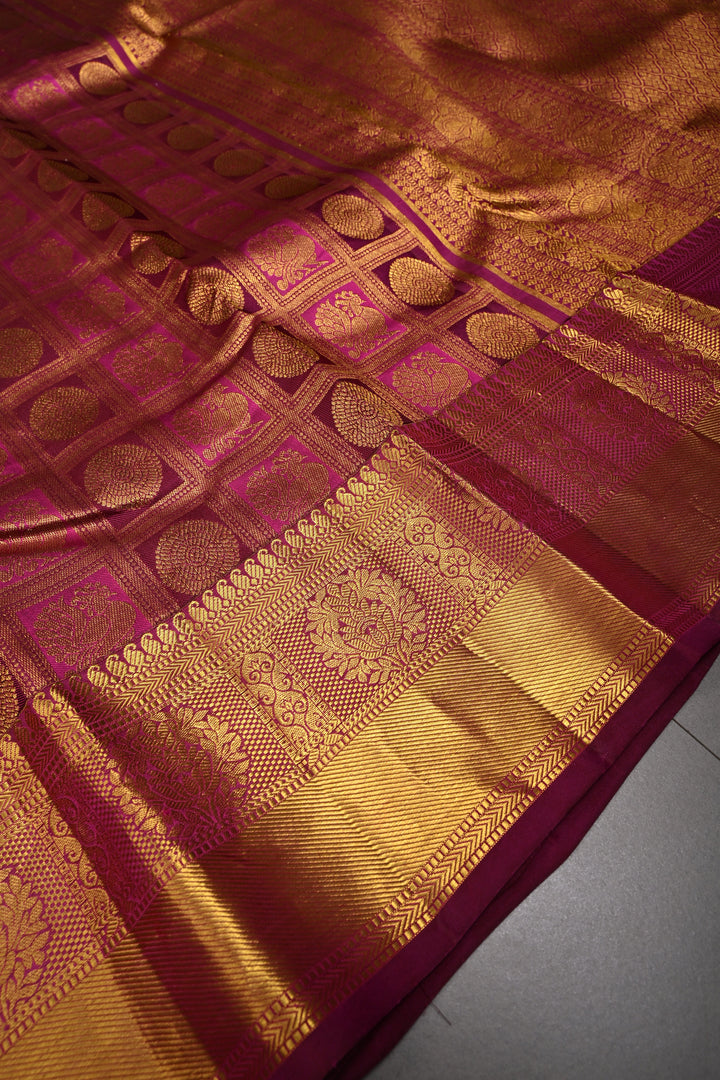 Magenta-Vadamalli Kanjivaram Silk saree with Patola Zari Brocade and Zari Border | SILK MARK CERTIFIED | SHOBITAM