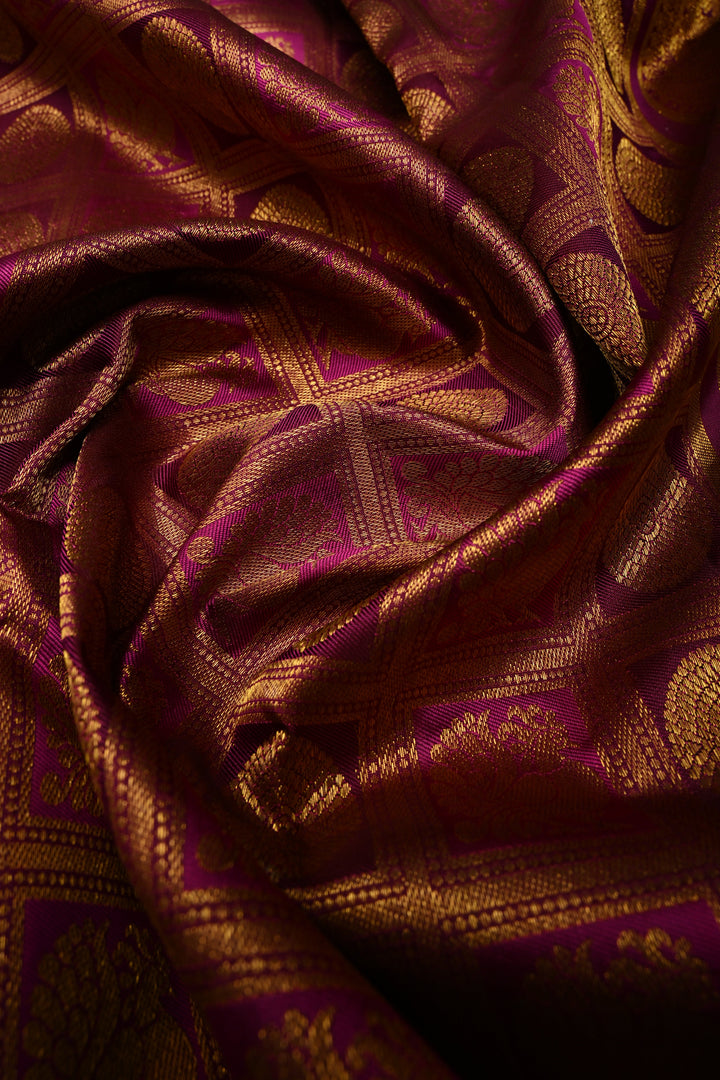 Magenta-Vadamalli Kanjivaram Silk saree with Patola Zari Brocade and Zari Border | SILK MARK CERTIFIED | SHOBITAM