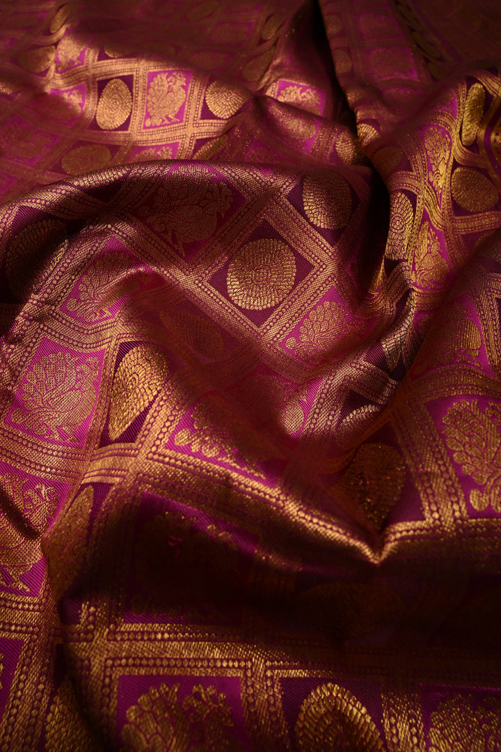 Magenta-Vadamalli Kanjivaram Silk saree with Patola Zari Brocade and Zari Border | SILK MARK CERTIFIED | SHOBITAM