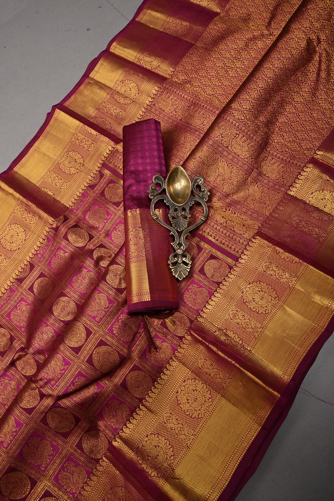 Magenta-Vadamalli Kanjivaram Silk saree with Patola Zari Brocade and Zari Border | SILK MARK CERTIFIED | SHOBITAM