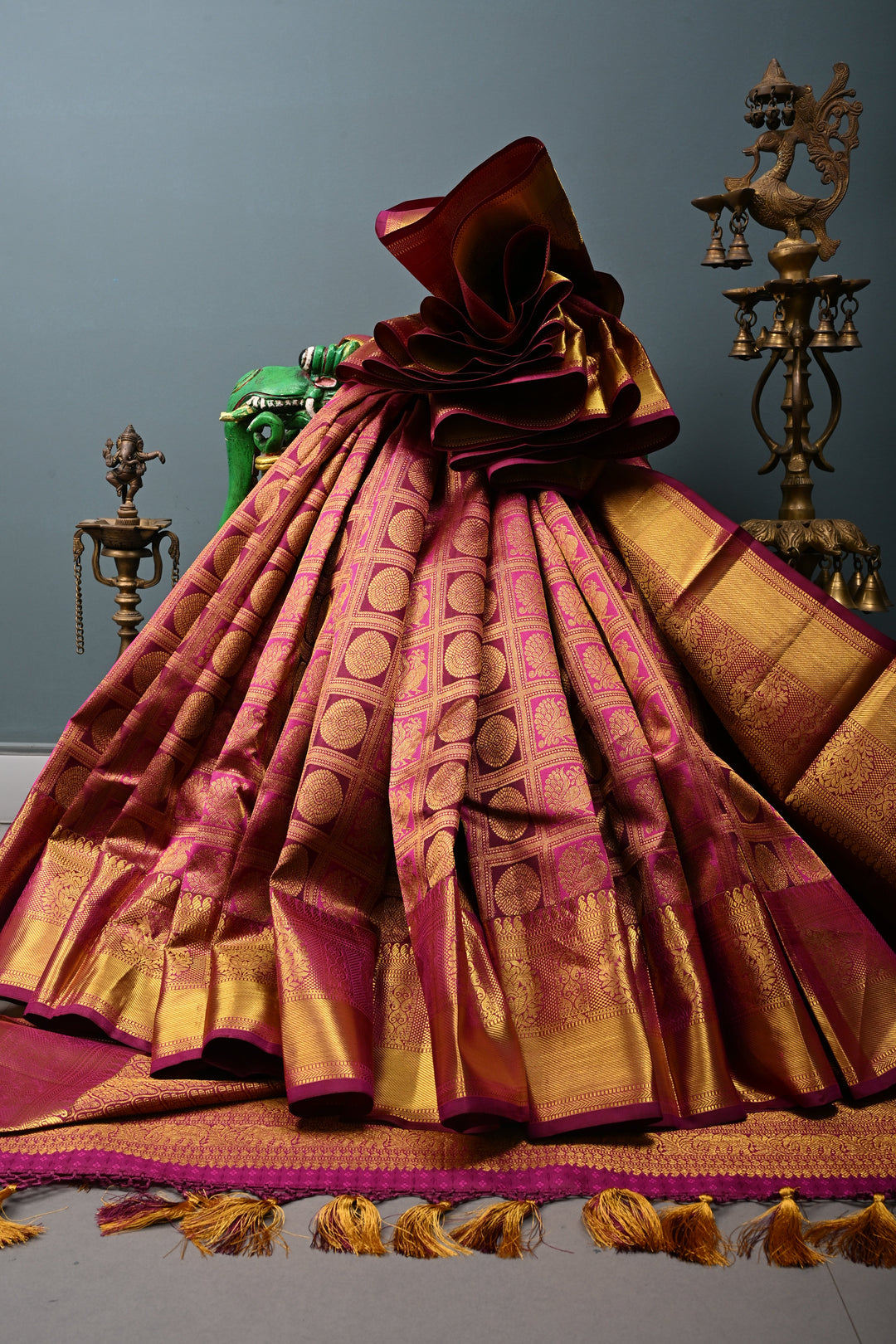 Magenta-Vadamalli Kanjivaram Silk saree with Patola Zari Brocade and Zari Border | SILK MARK CERTIFIED | SHOBITAM