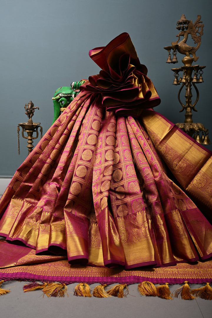 Magenta-Vadamalli Kanjivaram Silk saree with Patola Zari Brocade and Zari Border | SILK MARK CERTIFIED | SHOBITAM