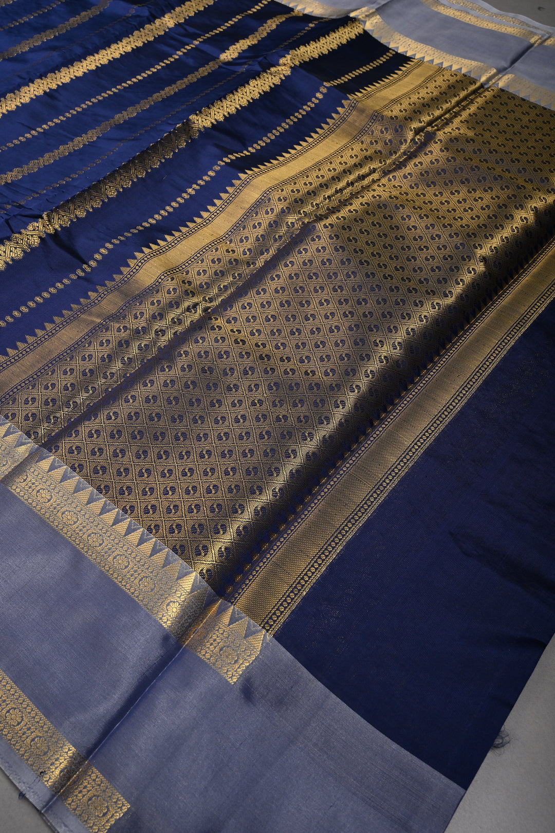 Navy Blue Kanjivaram Soft Silk Semi Saree with Ornate Zari Stripes and Rettaipet Zari Border | SHOBITAM