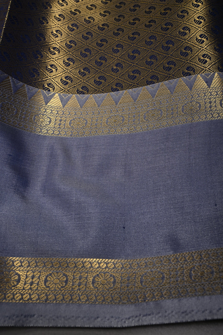 Navy Blue Kanjivaram Soft Silk Semi Saree with Ornate Zari Stripes and Rettaipet Zari Border | SHOBITAM