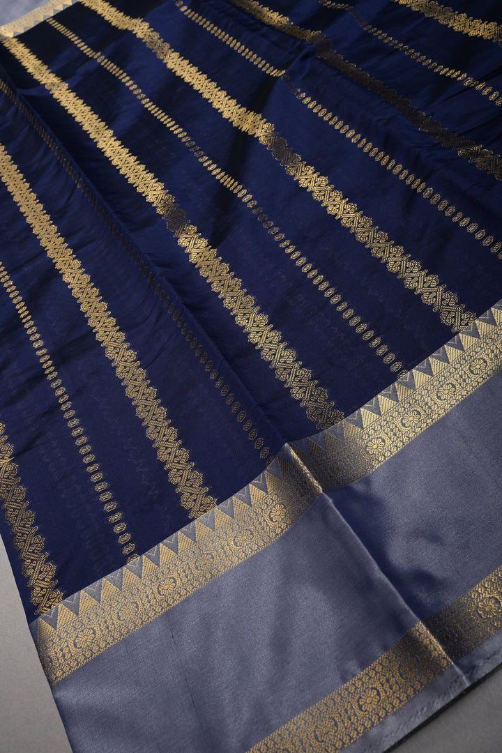 Navy Blue Kanjivaram Soft Silk Semi Saree with Ornate Zari Stripes and Rettaipet Zari Border | SHOBITAM