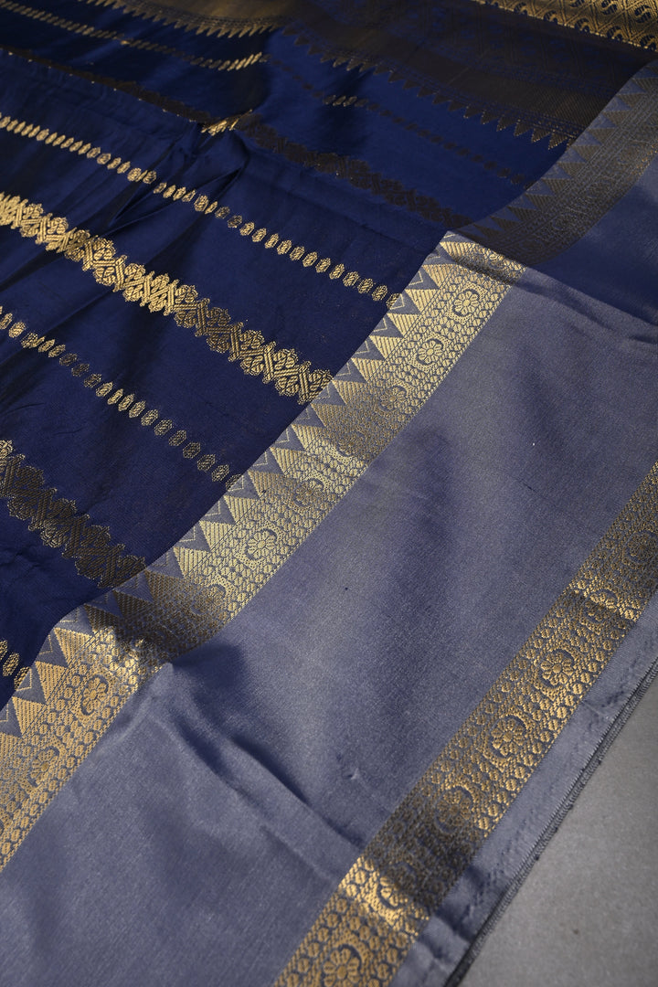 Navy Blue Kanjivaram Soft Silk Semi Saree with Ornate Zari Stripes and Rettaipet Zari Border | SHOBITAM