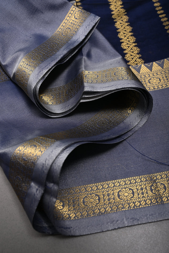 Navy Blue Kanjivaram Soft Silk Semi Saree with Ornate Zari Stripes and Rettaipet Zari Border | SHOBITAM