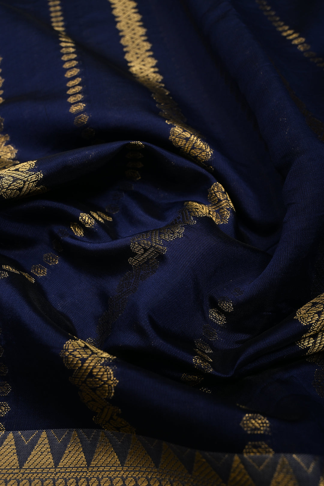 Navy Blue Kanjivaram Soft Silk Semi Saree with Ornate Zari Stripes and Rettaipet Zari Border | SHOBITAM