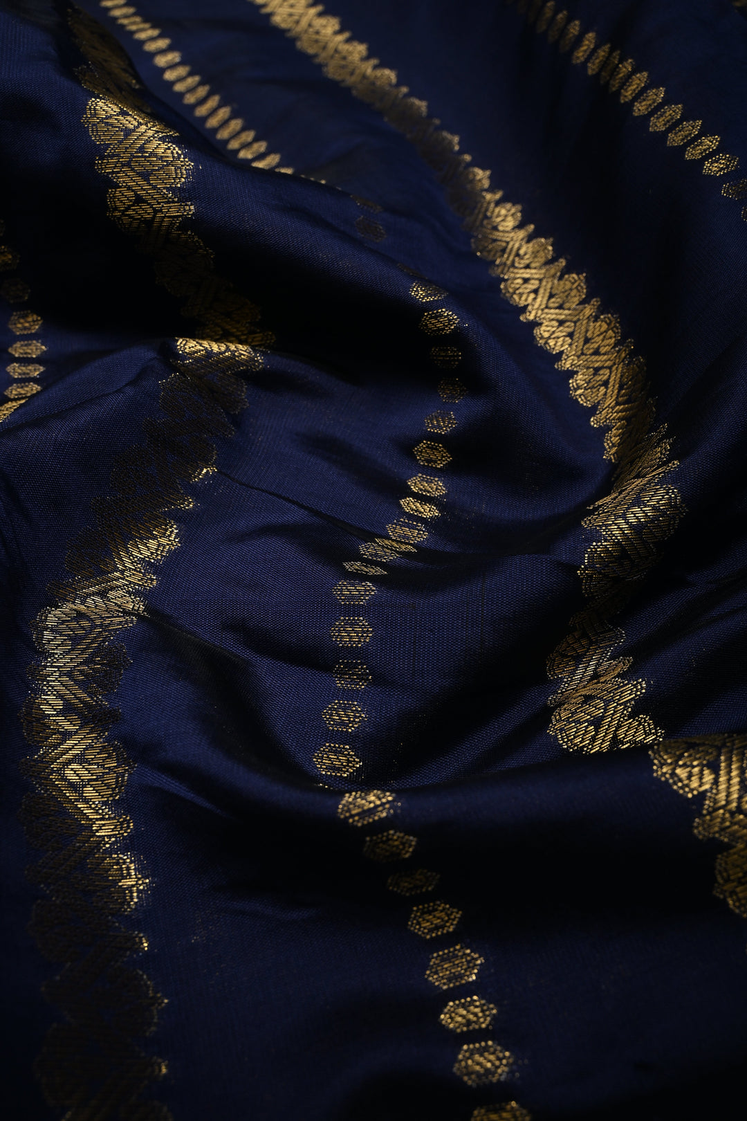 Navy Blue Kanjivaram Soft Silk Semi Saree with Ornate Zari Stripes and Rettaipet Zari Border | SHOBITAM