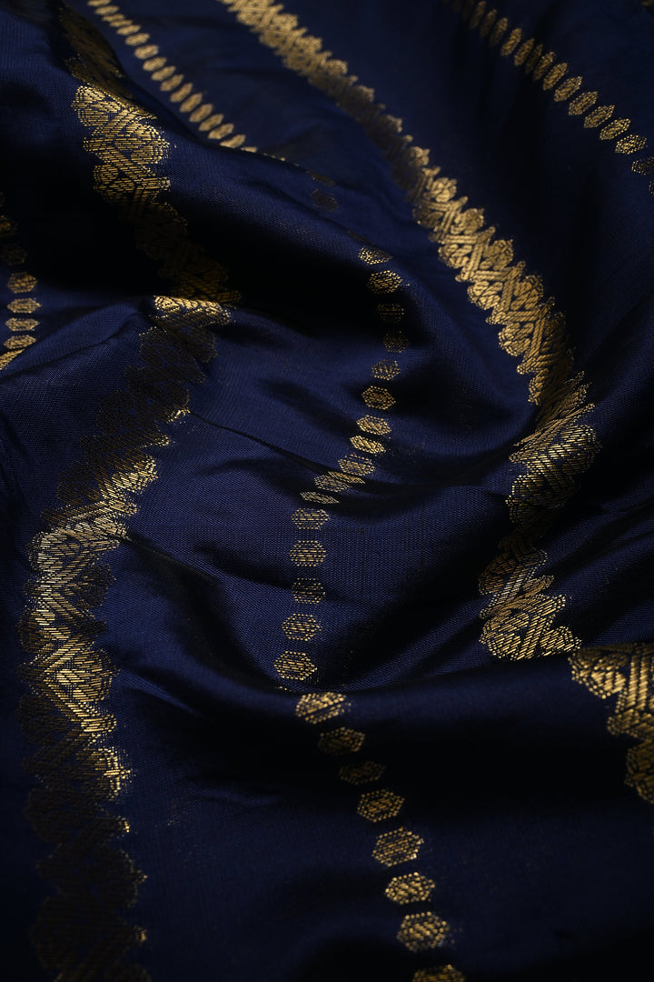 Navy Blue Kanjivaram Soft Silk Semi Saree with Ornate Zari Stripes and Rettaipet Zari Border | SHOBITAM