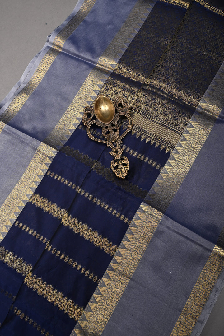 Navy Blue Kanjivaram Soft Silk Semi Saree with Ornate Zari Stripes and Rettaipet Zari Border | SHOBITAM