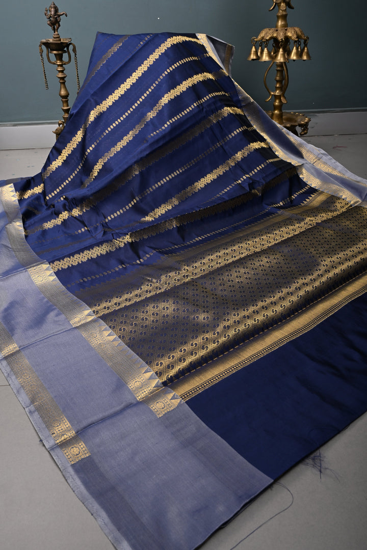 Navy Blue Kanjivaram Soft Silk Semi Saree with Ornate Zari Stripes and Rettaipet Zari Border | SHOBITAM