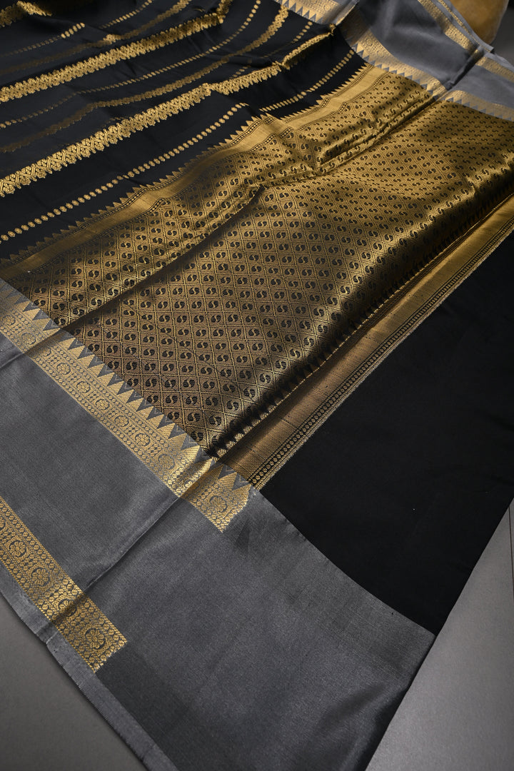 Black Kanjivaram Semi Silk Saree with Vertical Stripes and Rettaipet Zari Border  | SHOBITAM