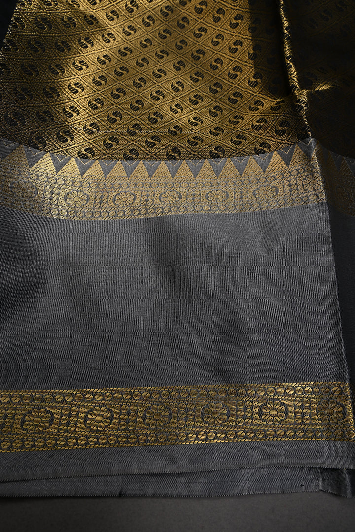 Black Kanjivaram Semi Silk Saree with Vertical Stripes and Rettaipet Zari Border  | SHOBITAM