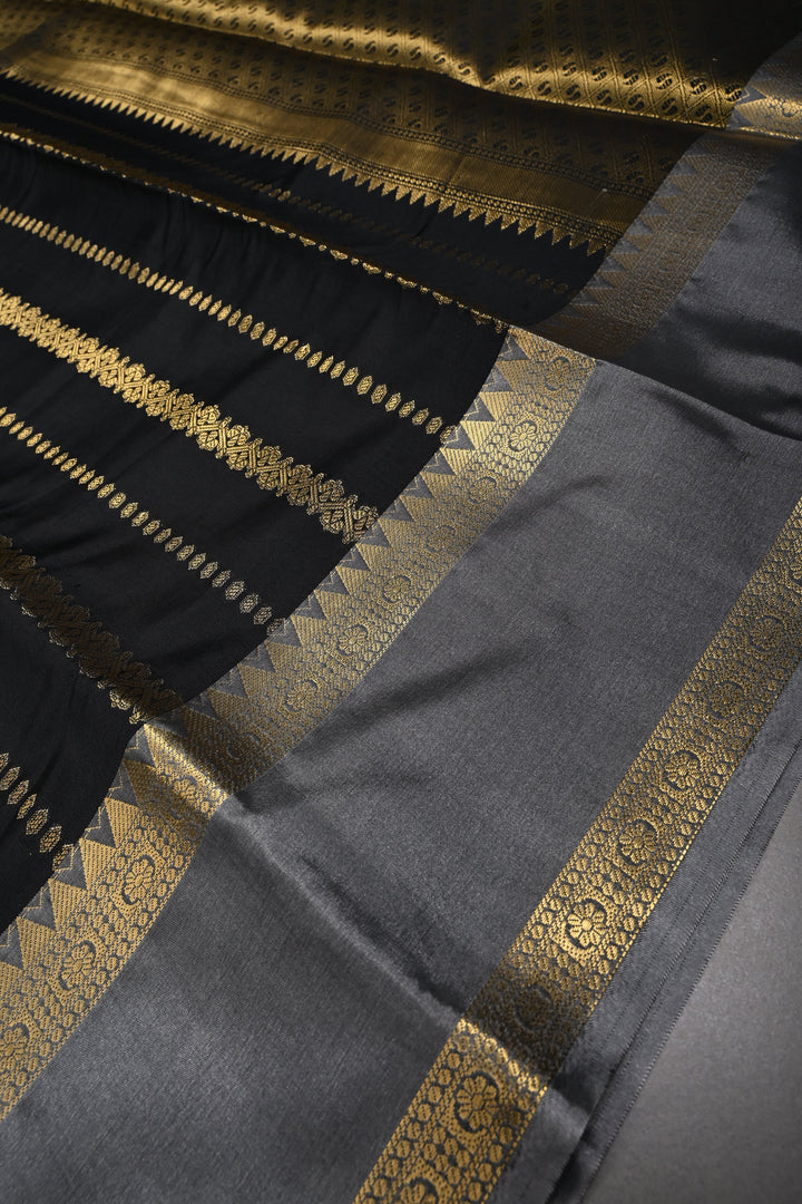 Black Kanjivaram Semi Silk Saree with Vertical Stripes and Rettaipet Zari Border  | SHOBITAM