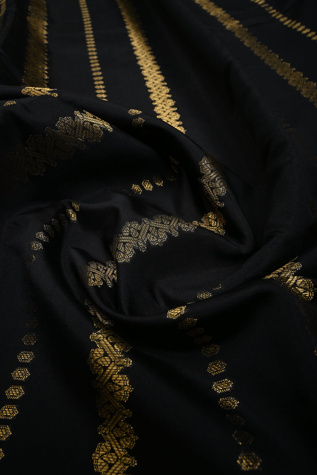 Black Kanjivaram Semi Silk Saree with Vertical Stripes and Rettaipet Zari Border  | SHOBITAM