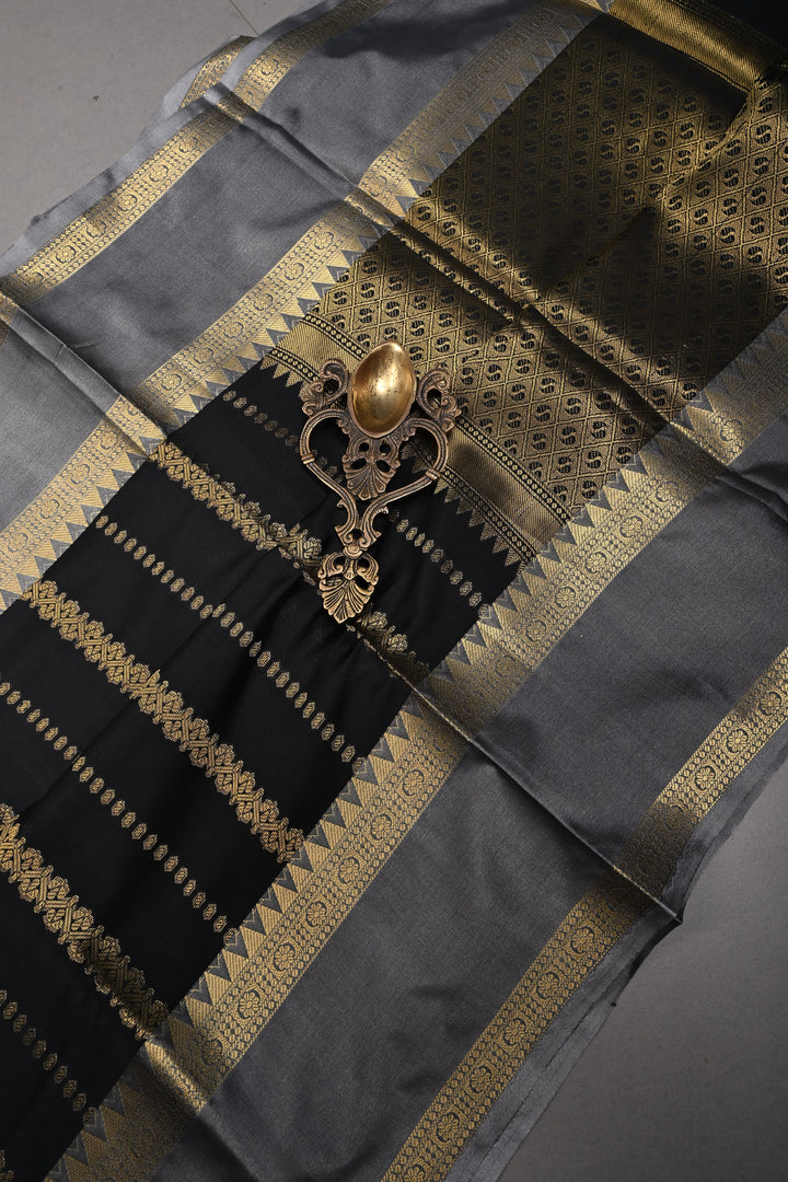 Black Kanjivaram Semi Silk Saree with Vertical Stripes and Rettaipet Zari Border  | SHOBITAM