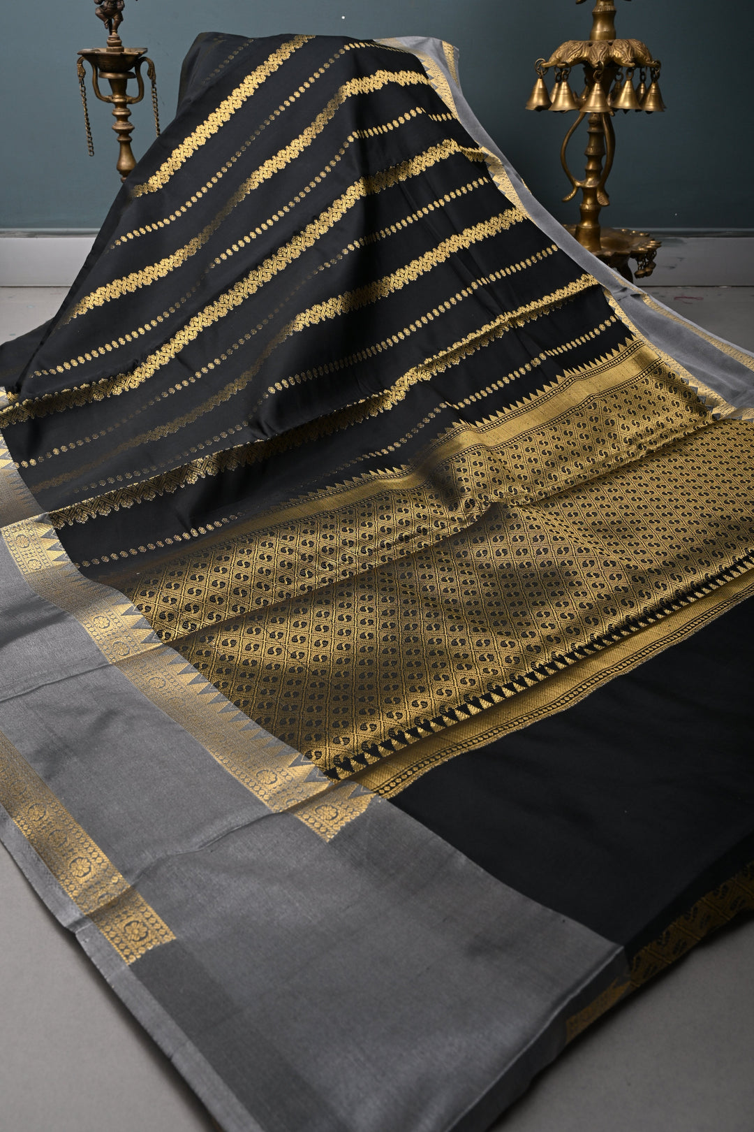 Black Kanjivaram Semi Silk Saree with Vertical Stripes and Rettaipet Zari Border  | SHOBITAM