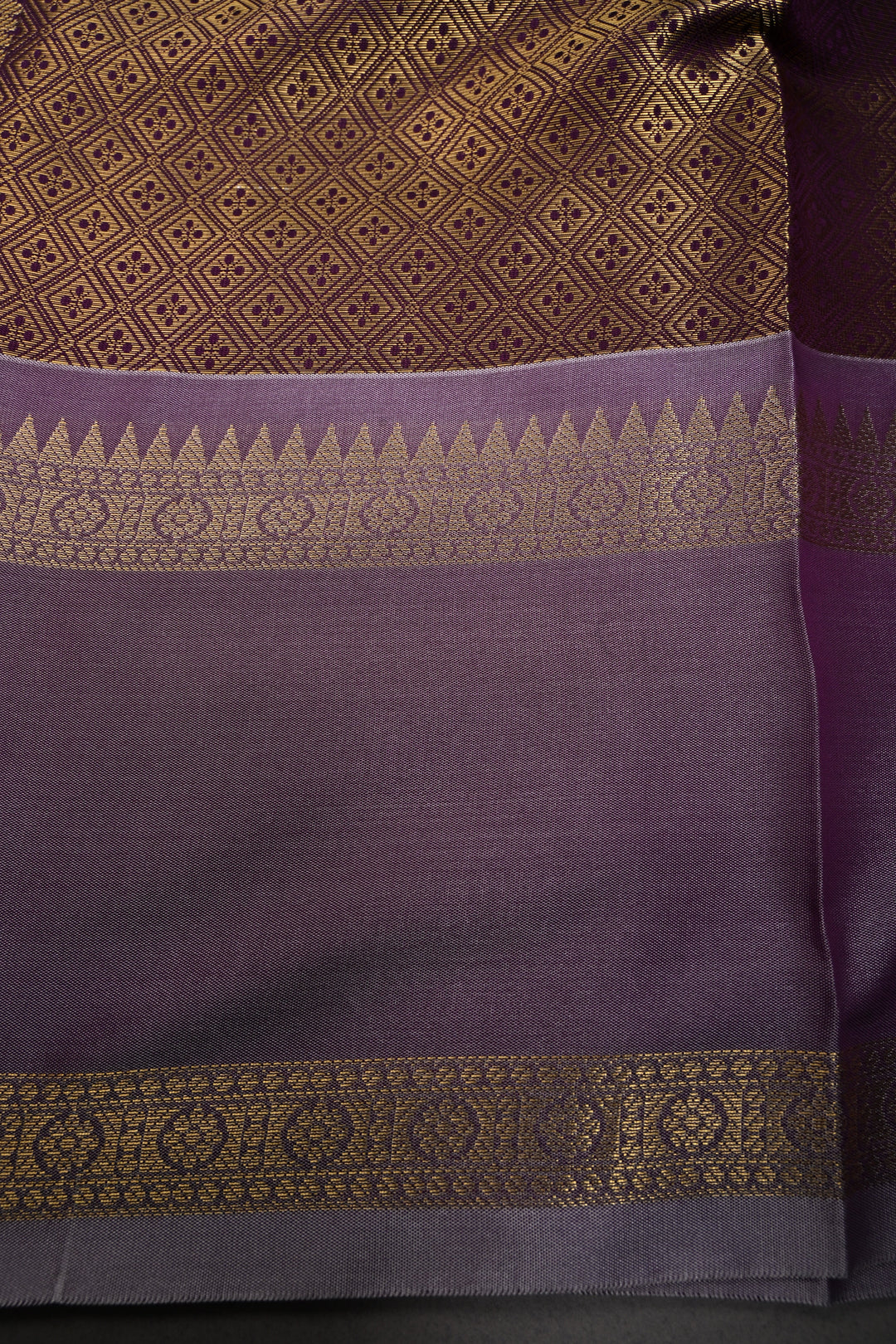Plum Kanjivaram Soft Silk Semi Saree with Ornate Zari Stripes and Rettaipet Zari Border | SHOBITAM