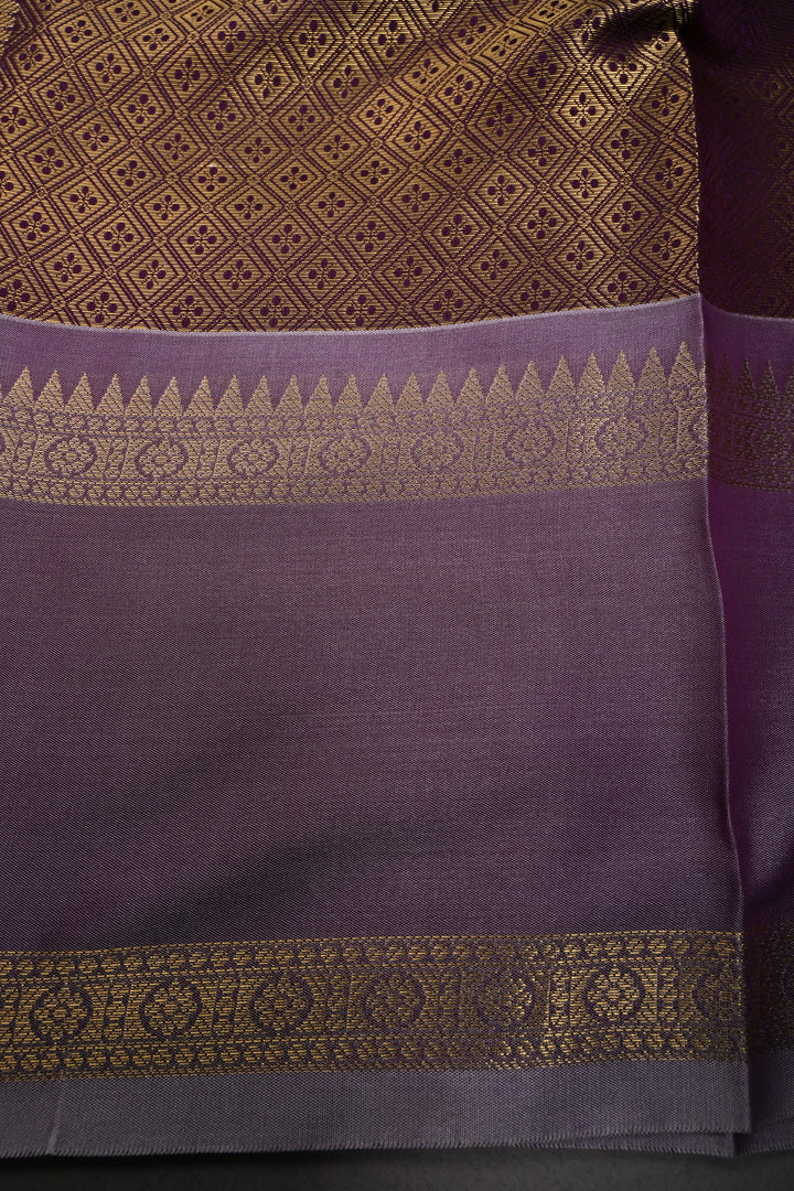 Plum Kanjivaram Soft Silk Semi Saree with Ornate Zari Stripes and Rettaipet Zari Border | SHOBITAM