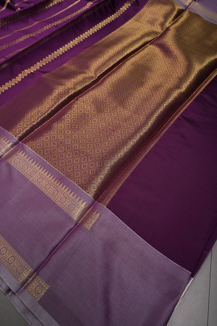 Plum Kanjivaram Soft Silk Semi Saree with Ornate Zari Stripes and Rettaipet Zari Border | SHOBITAM