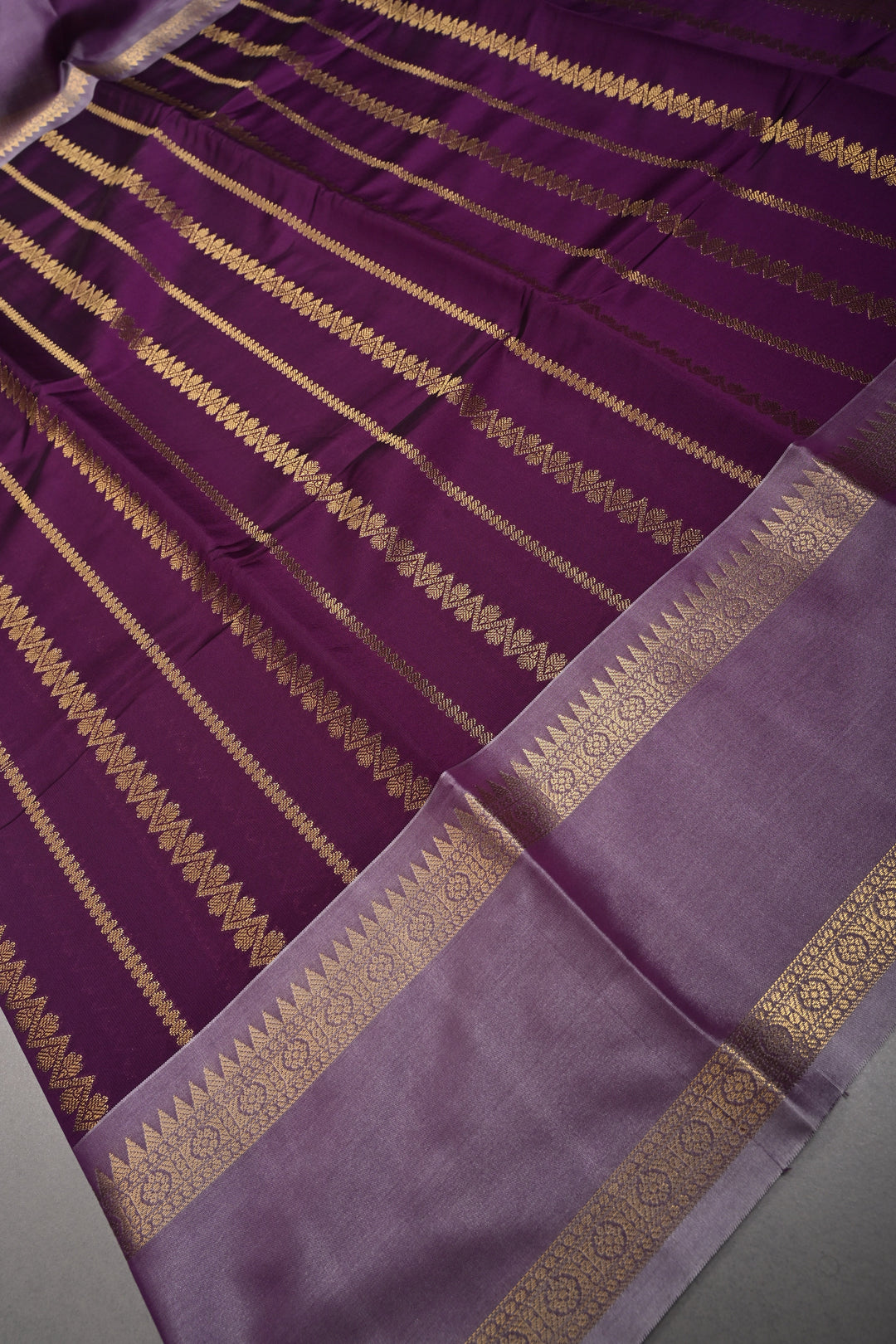 Plum Kanjivaram Soft Silk Semi Saree with Ornate Zari Stripes and Rettaipet Zari Border | SHOBITAM