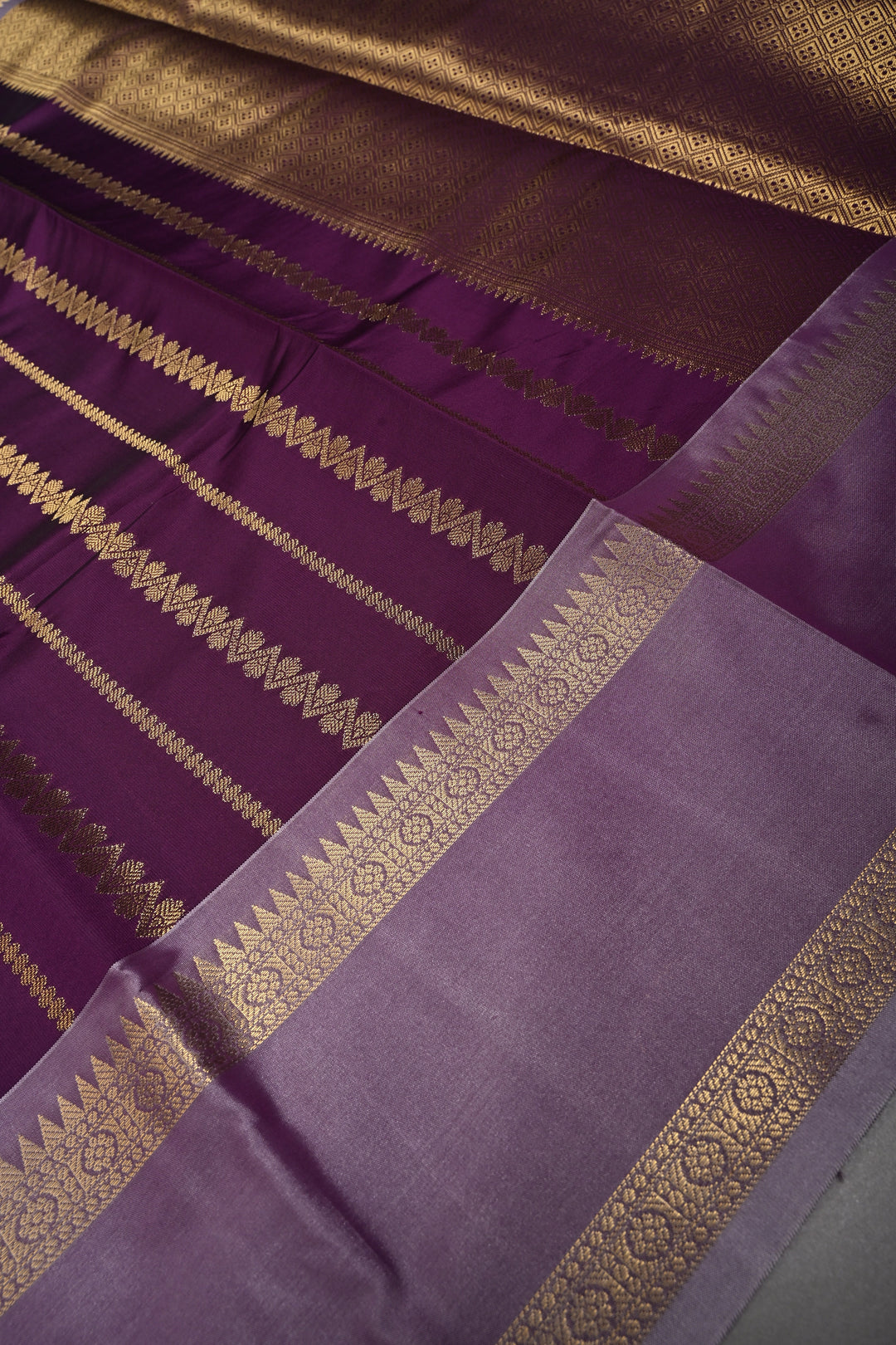 Plum Kanjivaram Soft Silk Semi Saree with Ornate Zari Stripes and Rettaipet Zari Border | SHOBITAM