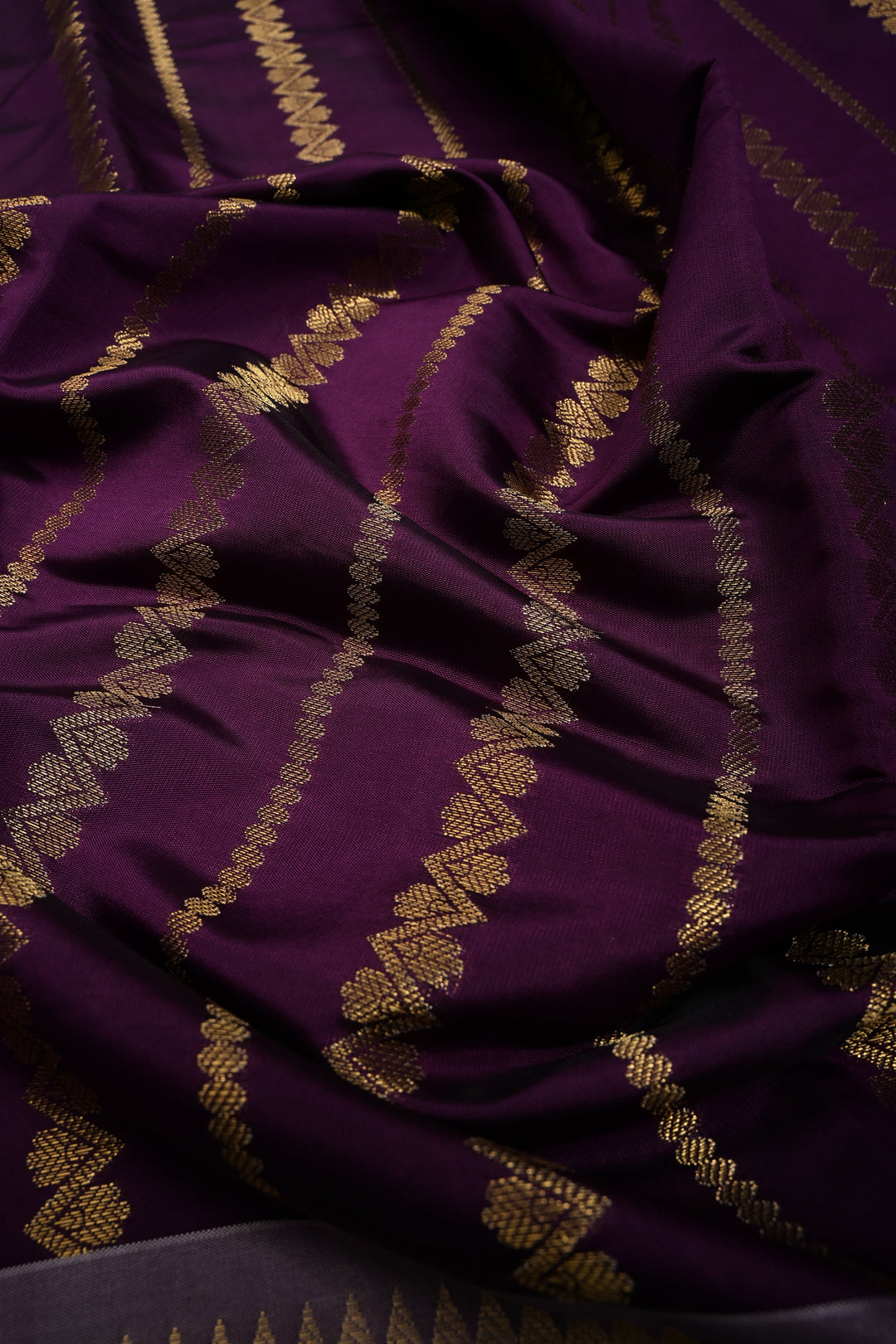 Plum Kanjivaram Soft Silk Semi Saree with Ornate Zari Stripes and Rettaipet Zari Border | SHOBITAM