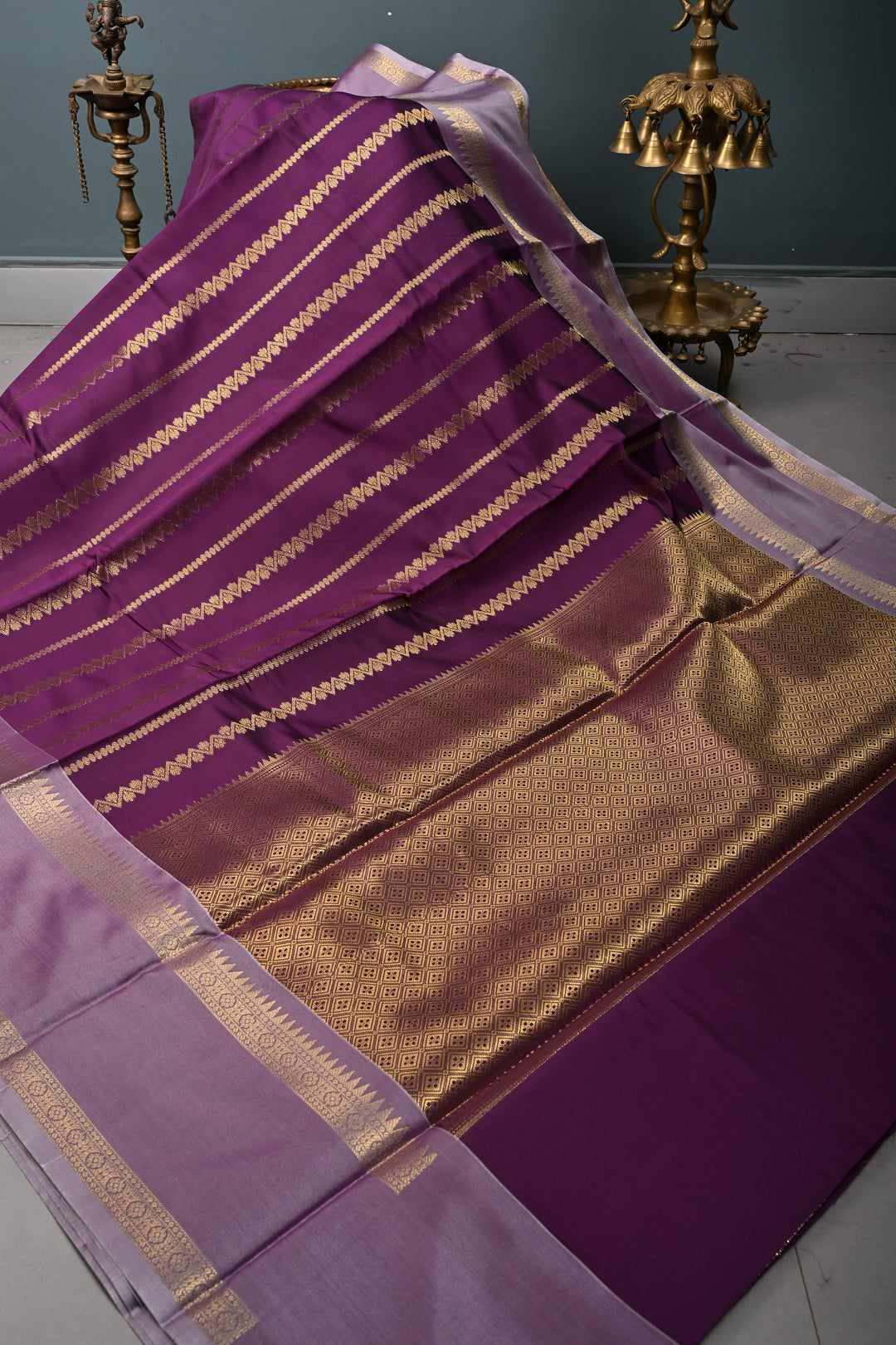 Plum Kanjivaram Soft Silk Semi Saree with Ornate Zari Stripes and Rettaipet Zari Border | SHOBITAM