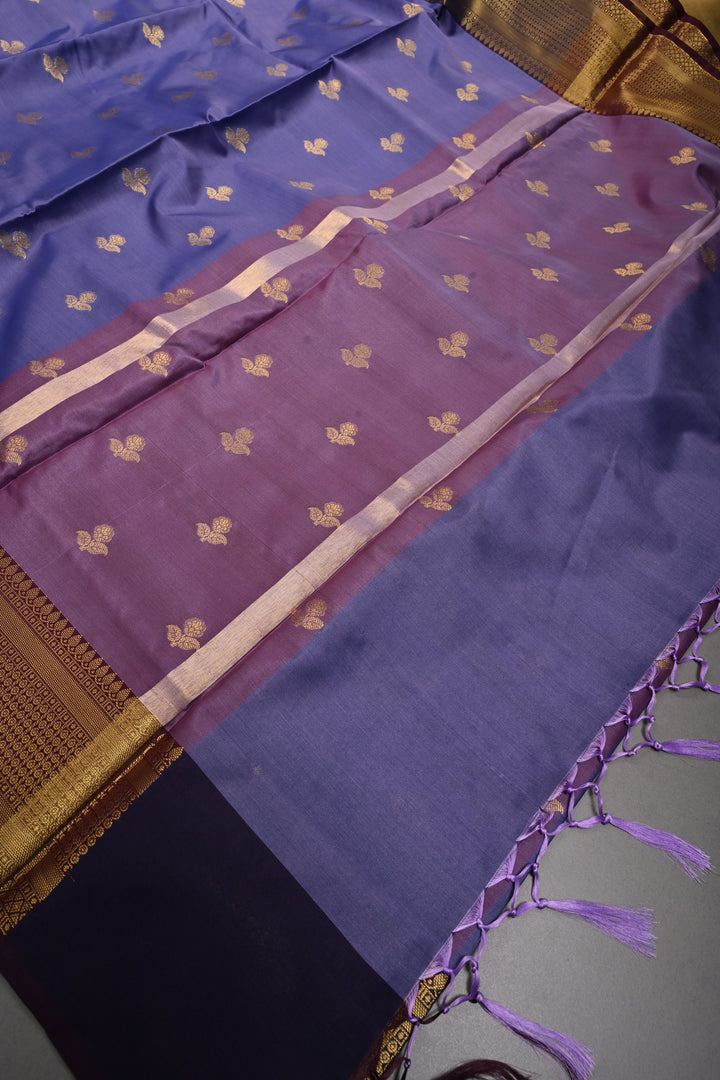 Periwinkle Kanjivaram Semi Silk Saree with Floral Zari Buttas and Contrast Zari Border  | SHOBITAM