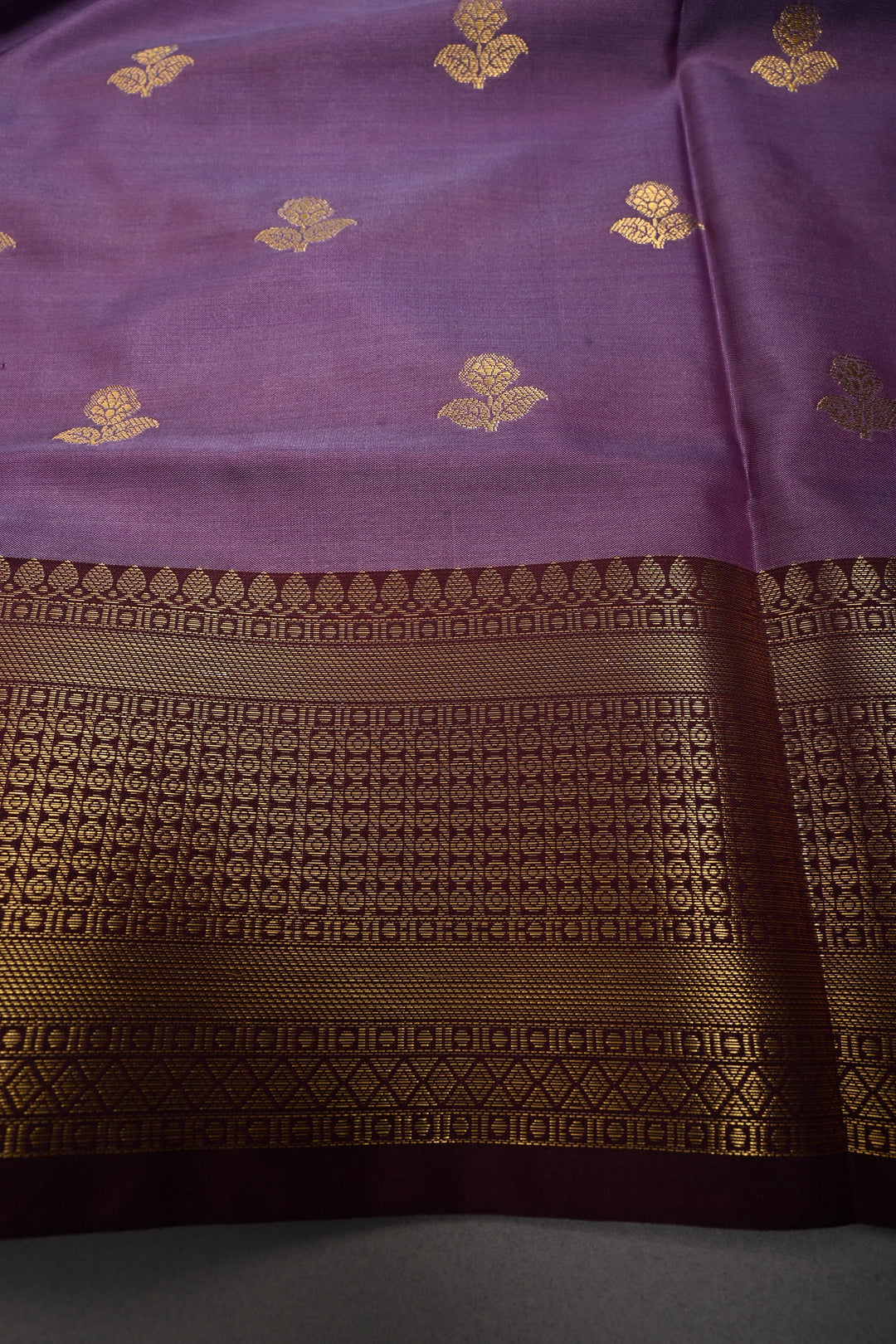 Periwinkle Kanjivaram Semi Silk Saree with Floral Zari Buttas and Contrast Zari Border  | SHOBITAM