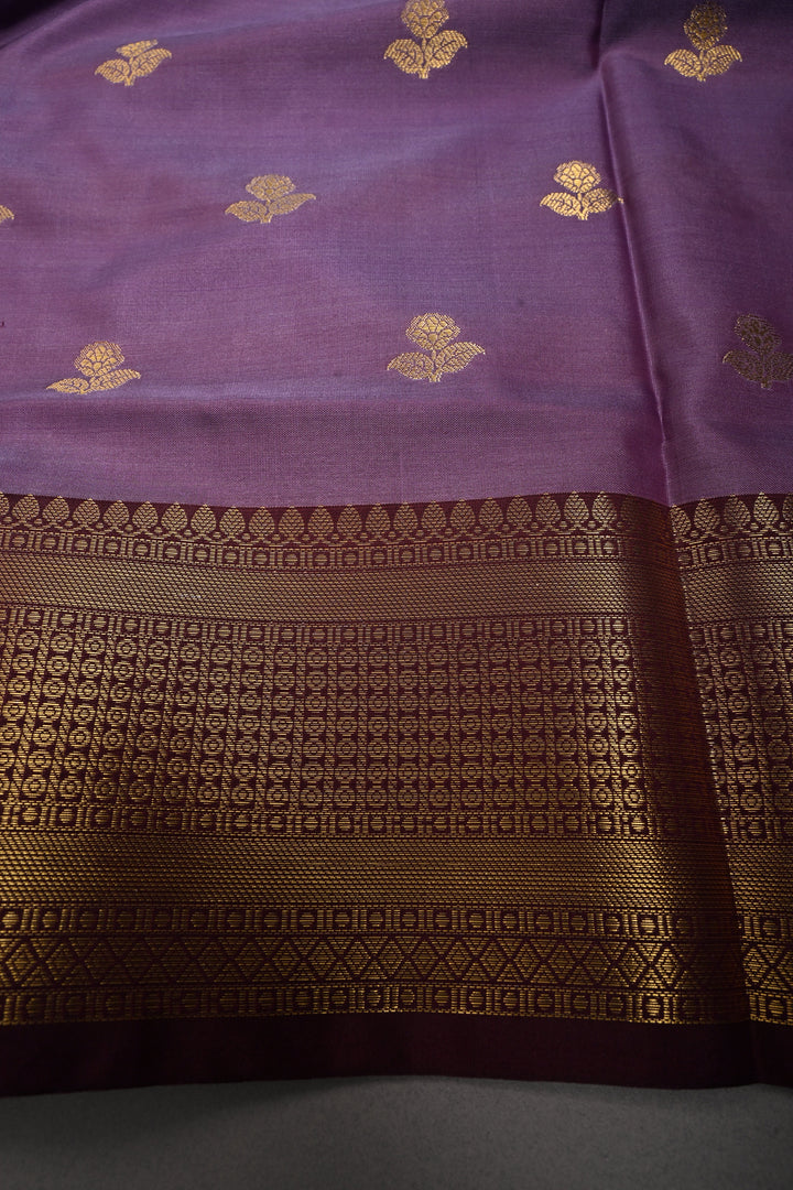 Periwinkle Kanjivaram Semi Silk Saree with Floral Zari Buttas and Contrast Zari Border  | SHOBITAM