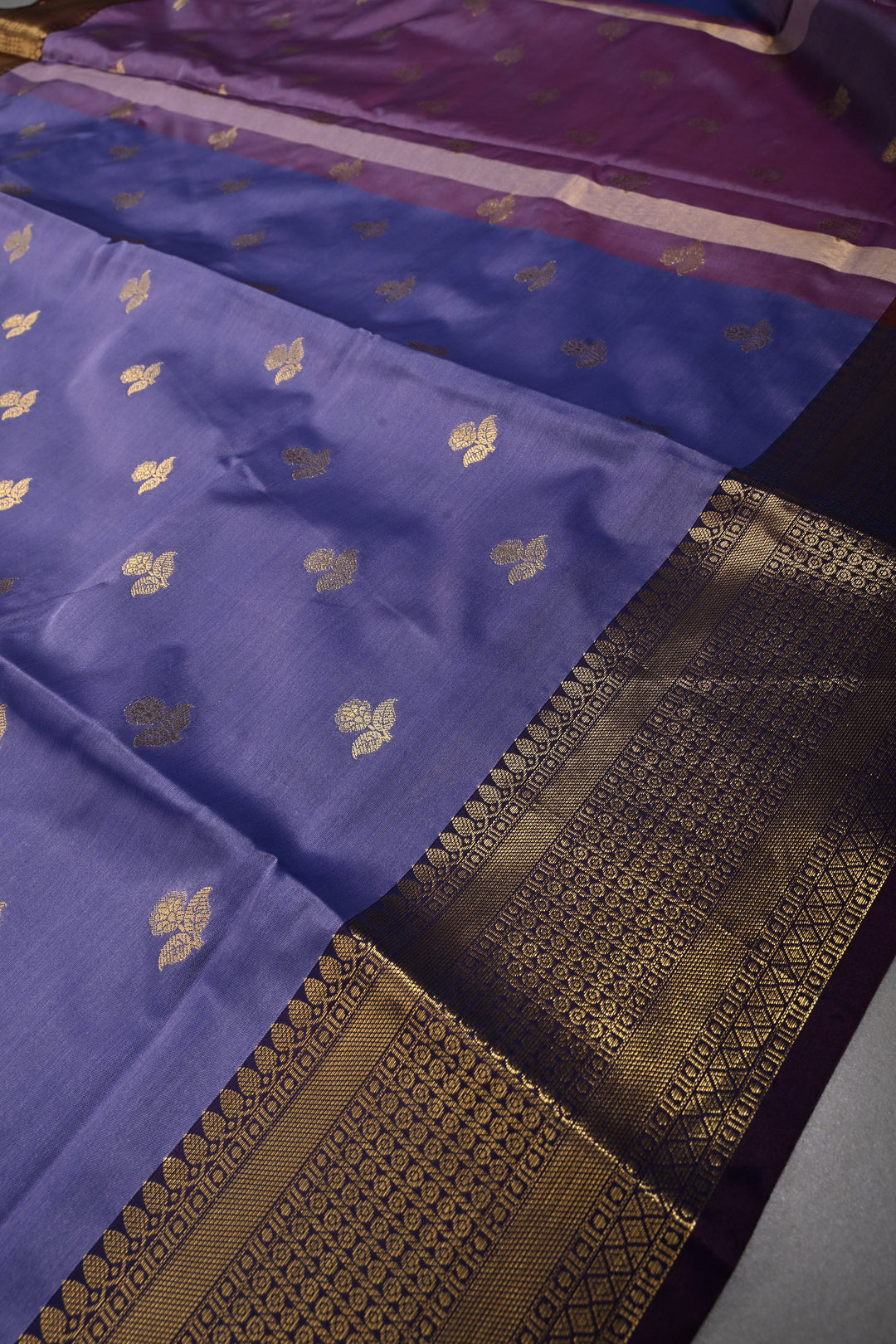 Periwinkle Kanjivaram Semi Silk Saree with Floral Zari Buttas and Contrast Zari Border  | SHOBITAM