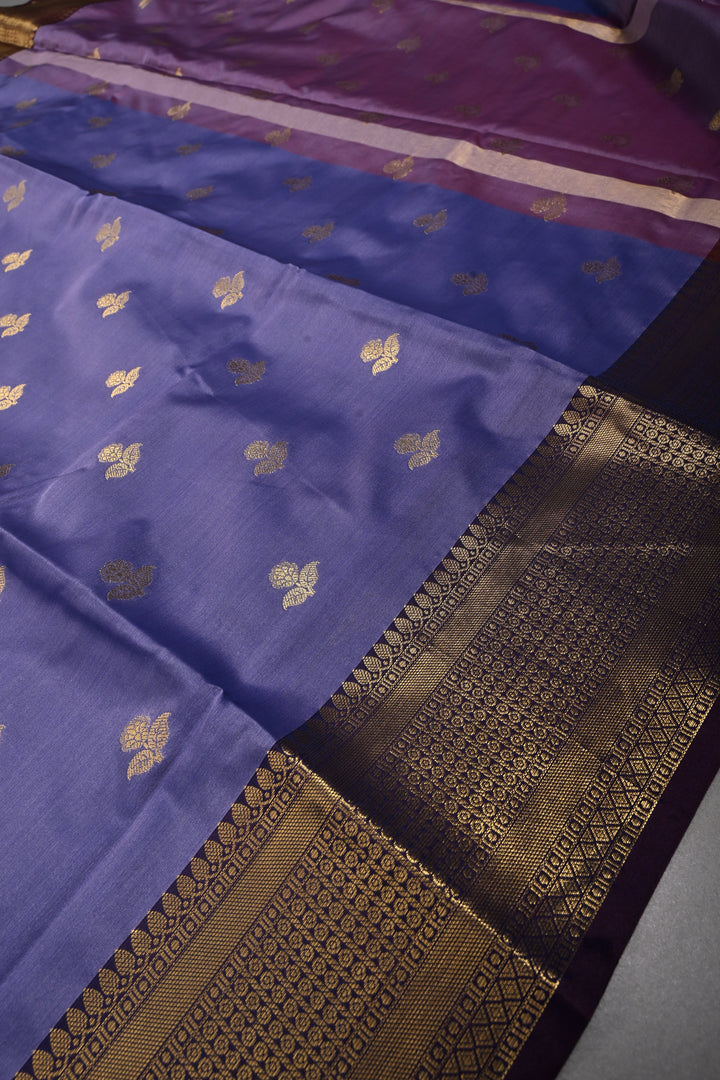 Periwinkle Kanjivaram Semi Silk Saree with Floral Zari Buttas and Contrast Zari Border  | SHOBITAM