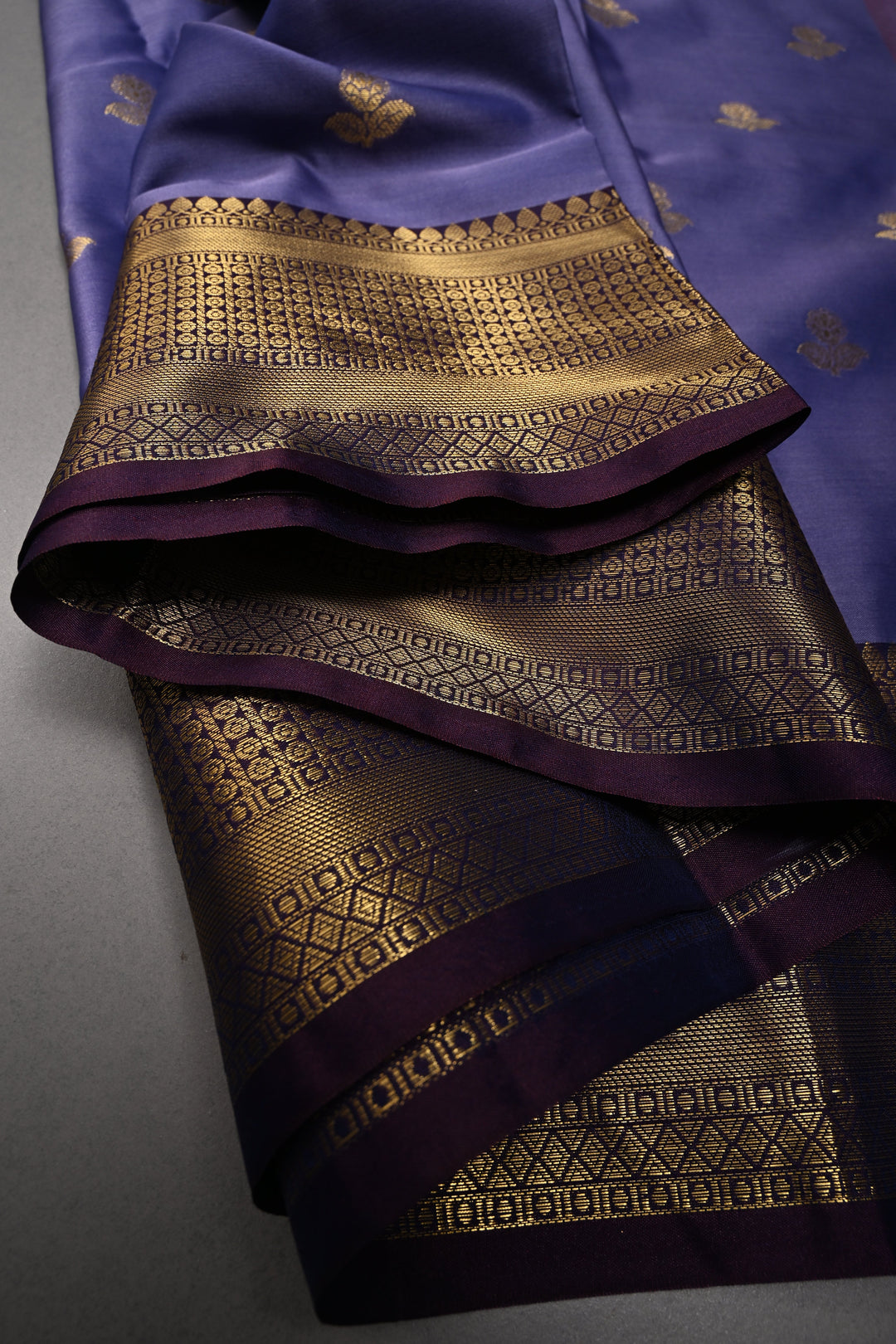 Periwinkle Kanjivaram Semi Silk Saree with Floral Zari Buttas and Contrast Zari Border  | SHOBITAM