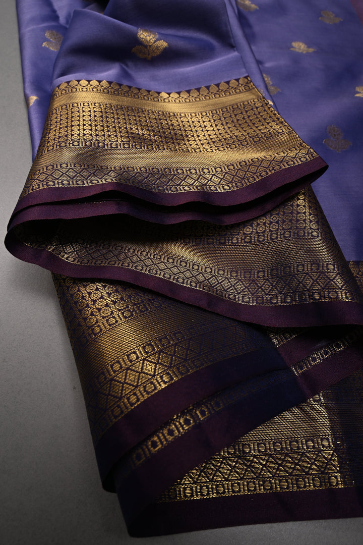 Periwinkle Kanjivaram Semi Silk Saree with Floral Zari Buttas and Contrast Zari Border  | SHOBITAM