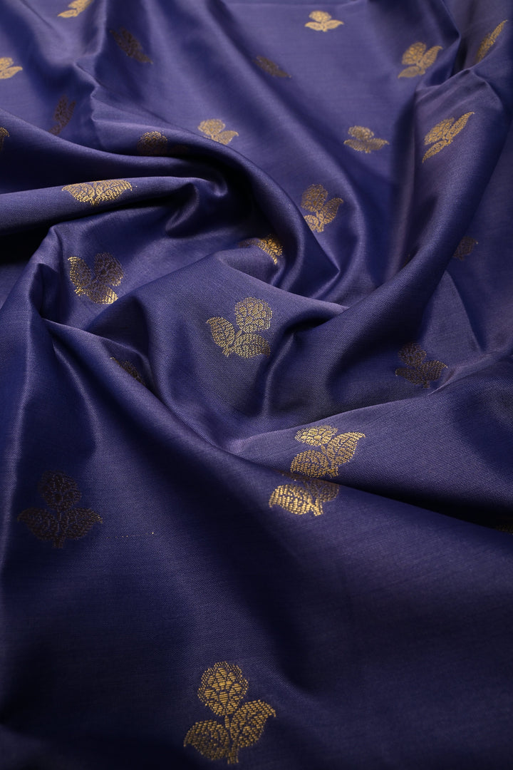 Periwinkle Kanjivaram Semi Silk Saree with Floral Zari Buttas and Contrast Zari Border  | SHOBITAM