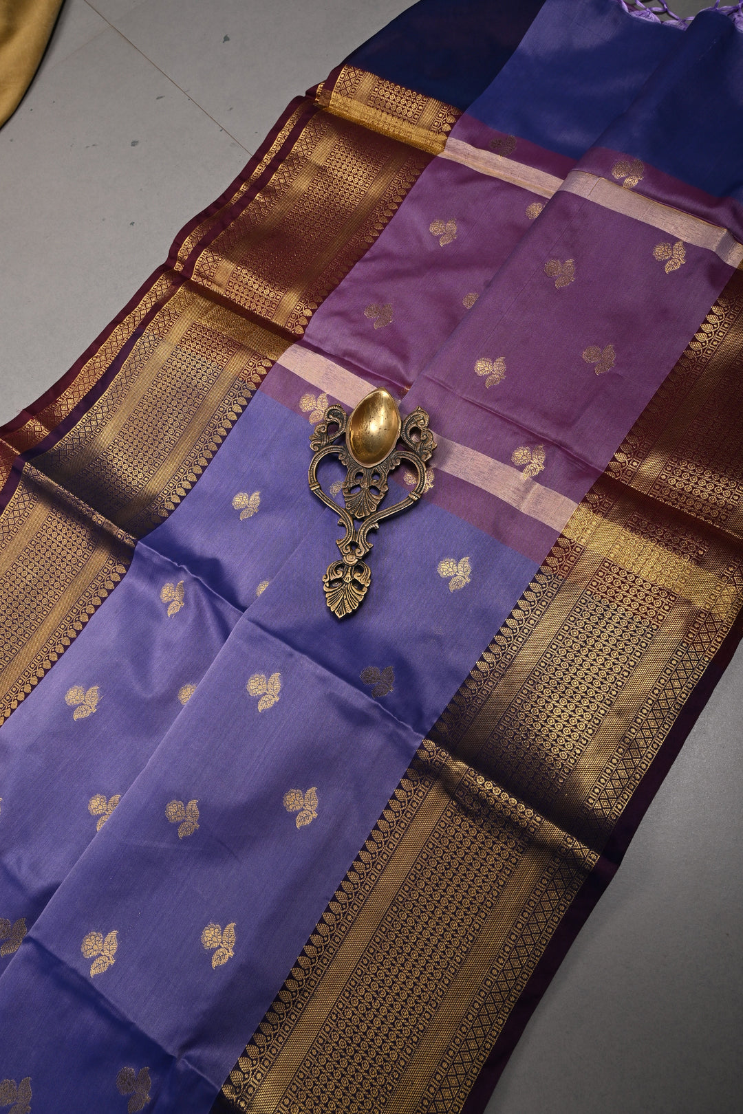 Periwinkle Kanjivaram Semi Silk Saree with Floral Zari Buttas and Contrast Zari Border  | SHOBITAM