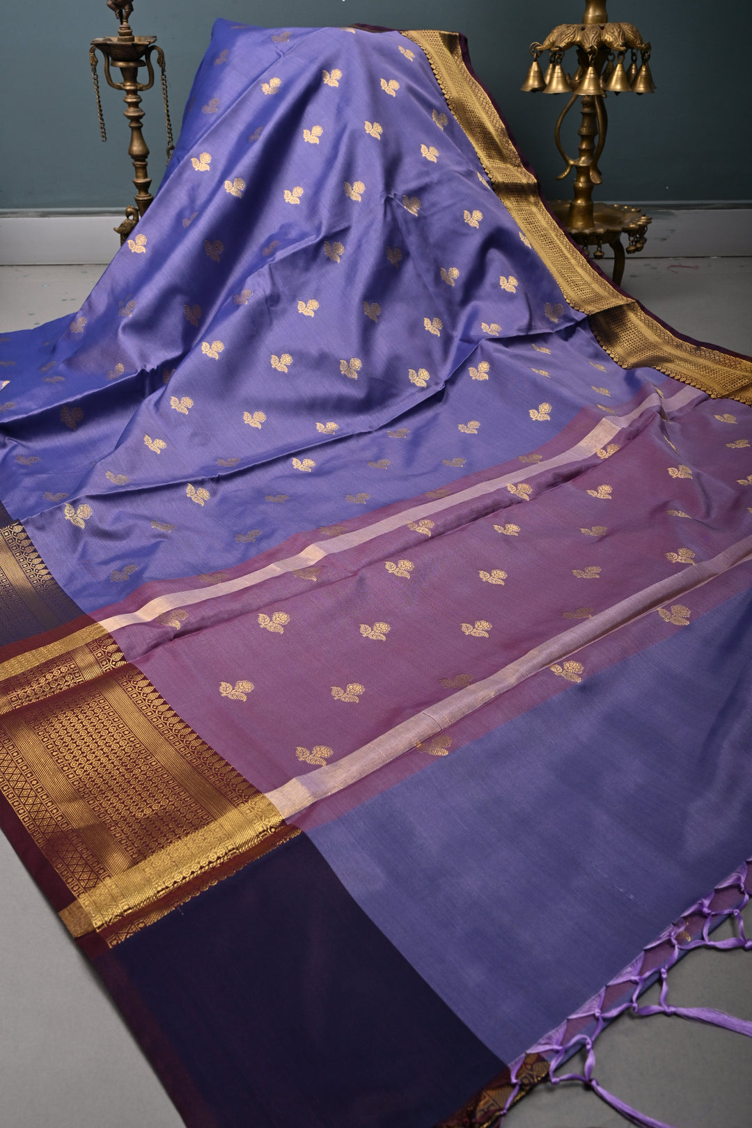 Periwinkle Kanjivaram Semi Silk Saree with Floral Zari Buttas and Contrast Zari Border  | SHOBITAM