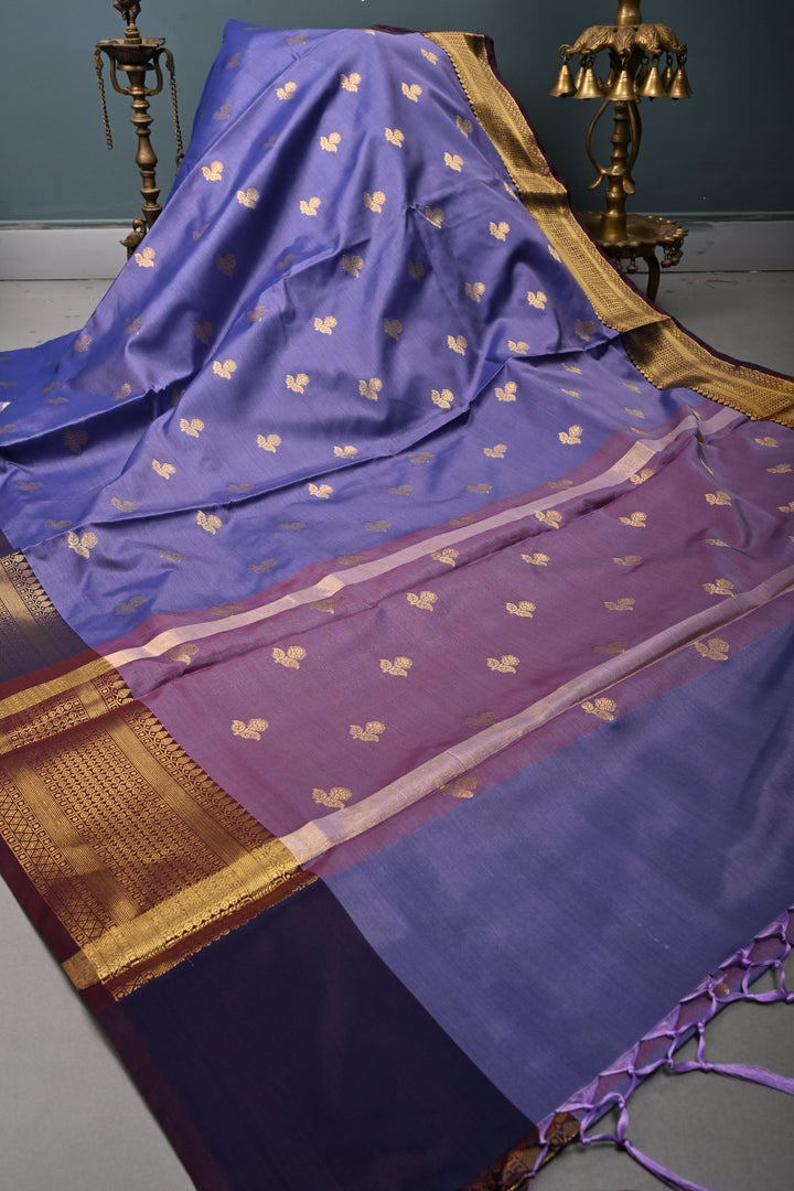 Periwinkle Kanjivaram Semi Silk Saree with Floral Zari Buttas and Contrast Zari Border  | SHOBITAM