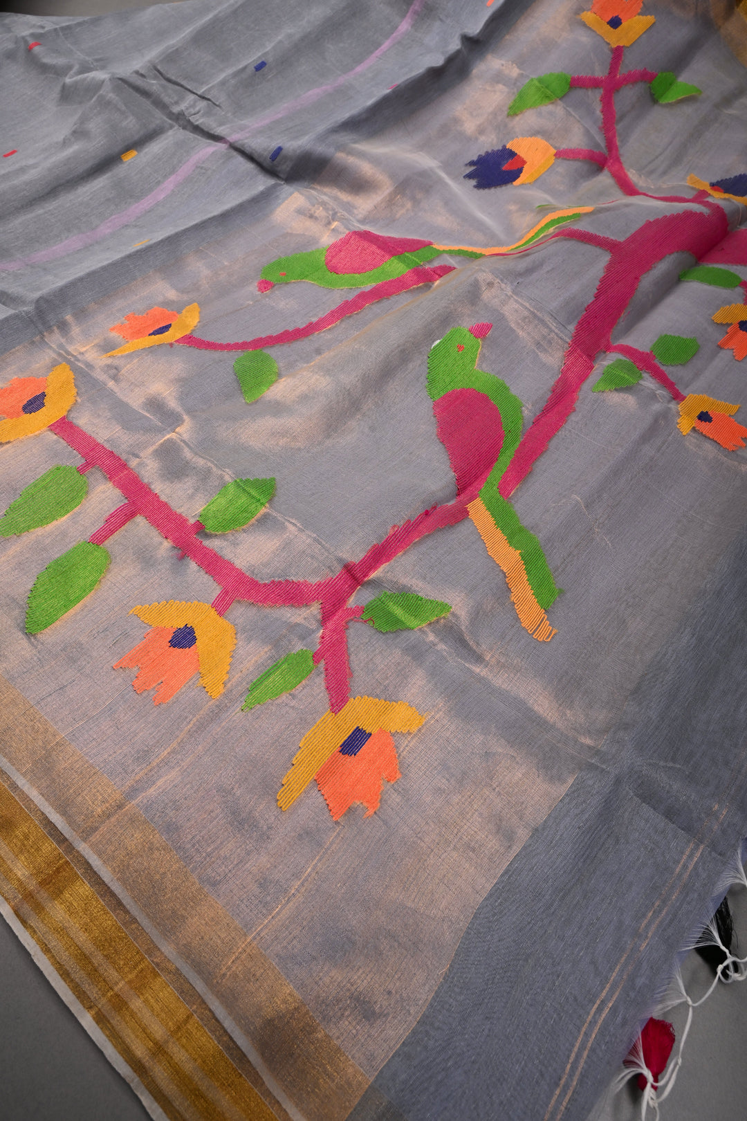 Slate Gray Meenakari Resham Buttas on Bengal Cotton Saree with Minimal Tissue Border and Jamdani Style Pallu   | SHOBITAM