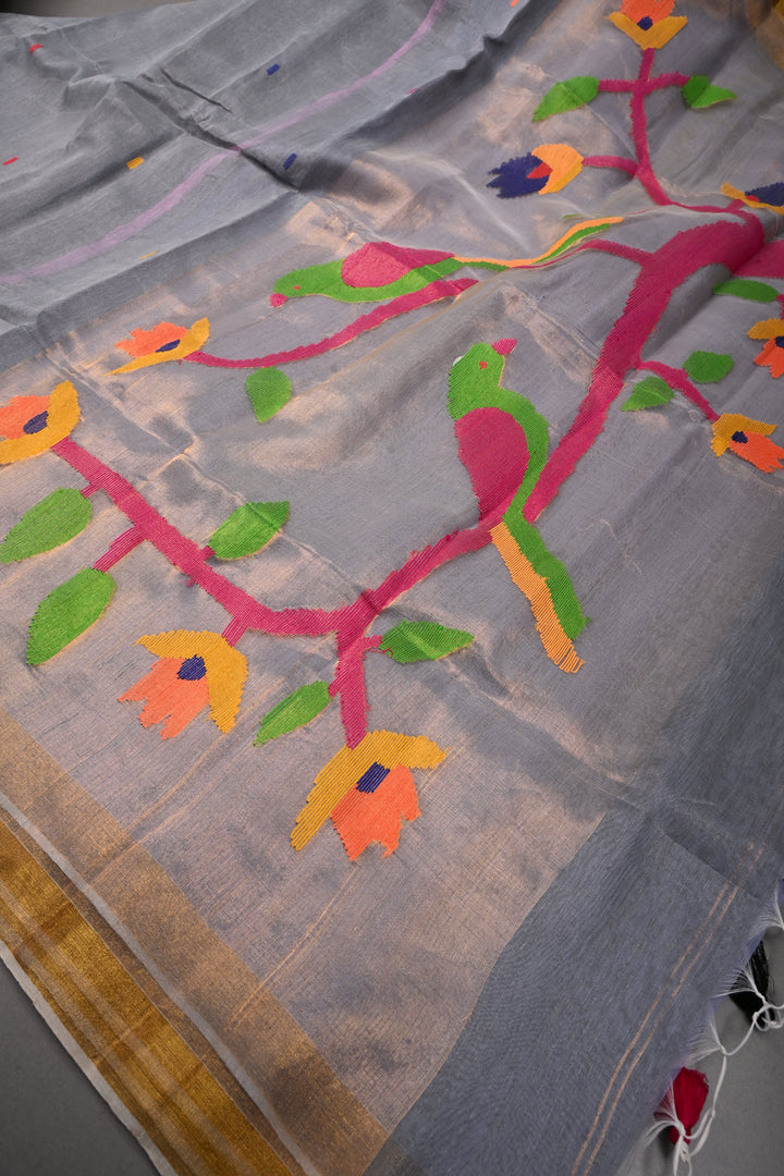 Slate Gray Meenakari Resham Buttas on Bengal Cotton Saree with Minimal Tissue Border and Jamdani Style Pallu   | SHOBITAM
