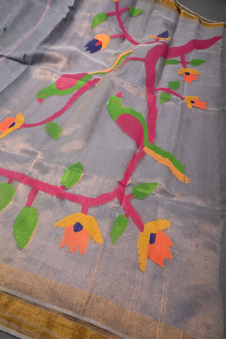 Slate Gray Meenakari Resham Buttas on Bengal Cotton Saree with Minimal Tissue Border and Jamdani Style Pallu   | SHOBITAM