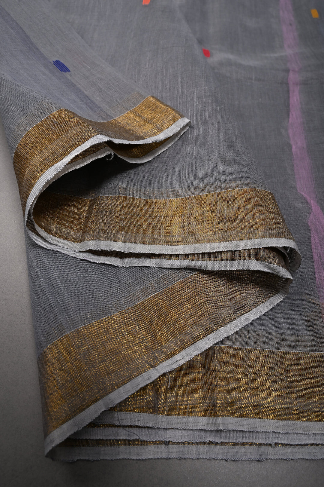 Slate Gray Meenakari Resham Buttas on Bengal Cotton Saree with Minimal Tissue Border and Jamdani Style Pallu   | SHOBITAM