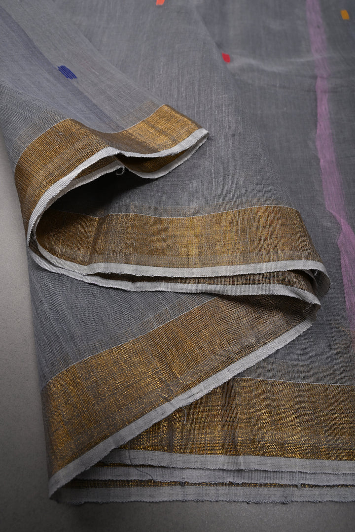 Slate Gray Meenakari Resham Buttas on Bengal Cotton Saree with Minimal Tissue Border and Jamdani Style Pallu   | SHOBITAM