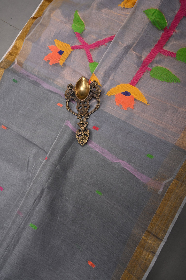 Slate Gray Meenakari Resham Buttas on Bengal Cotton Saree with Minimal Tissue Border and Jamdani Style Pallu   | SHOBITAM